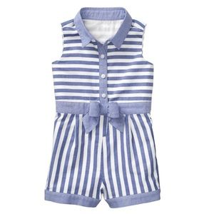 ♥️HP JANIE AND JACK Stripe Oxford Romper Sz 3 Blue White Collar Jumpsuit Worn 1X